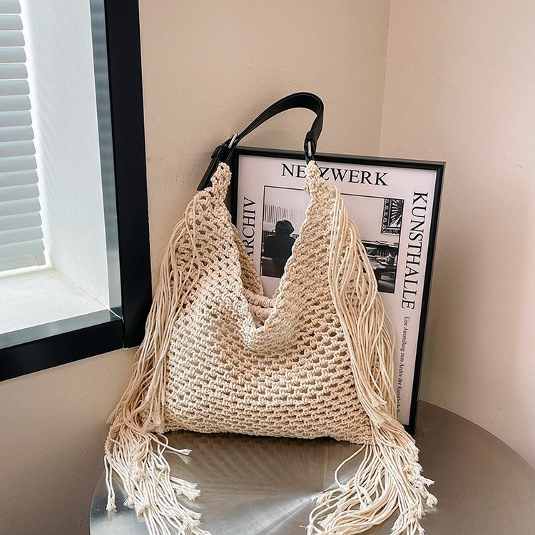 Bohemian Cotton Rope Shoulder Bag with Tassel Detail for Women